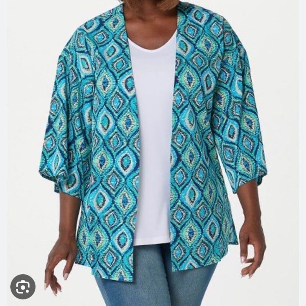 AmberNoon II by Dr. Erum Ilyas | Turquoise Ikat Open-Front Three-Quarter Sleeve